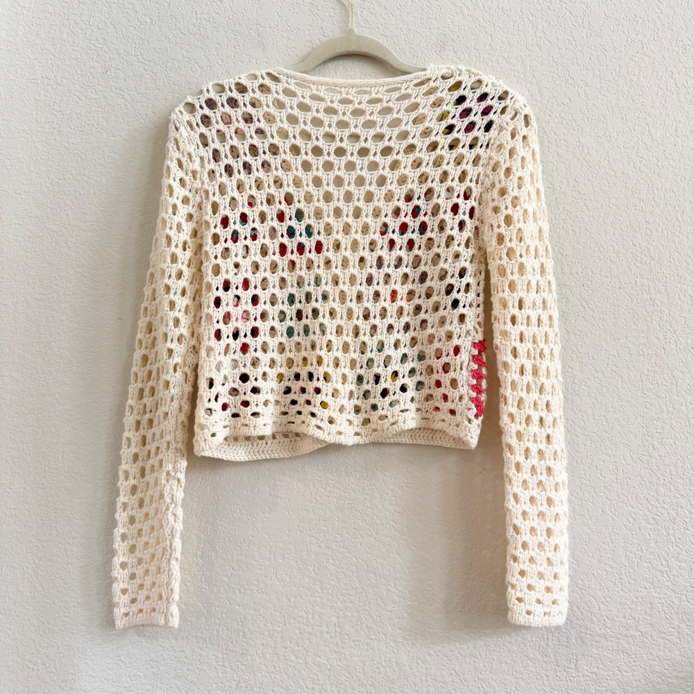 Vintage Style Granny Square Crochet Cardigan Cream Multi Boho Cropped Sweater S - Picture 9 of 9
